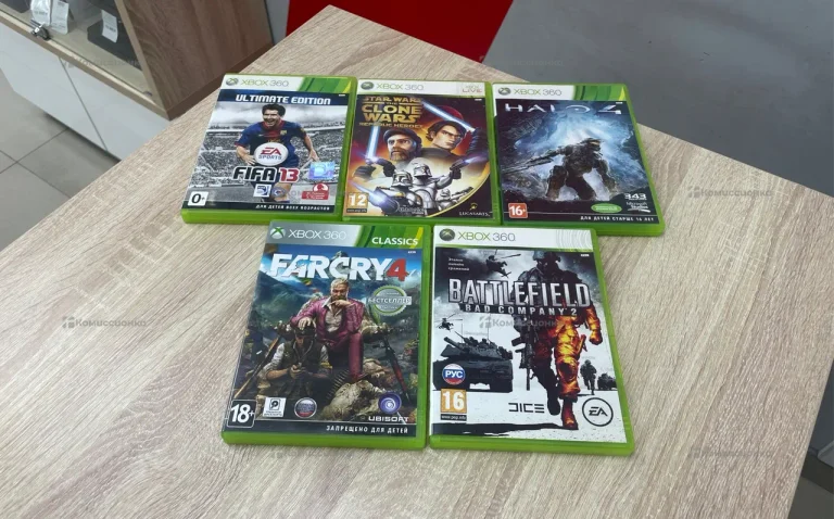 диски Xbox 5шт FIFA 13 UE, Star Wars The Clone Wars Republic Heroes, HALO 4, FARCRY 4, Battlefield Bad Company 2