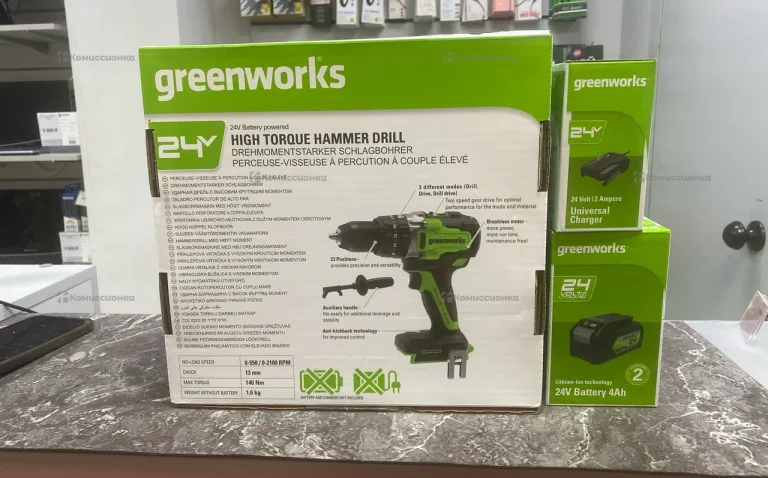 Дрель-шуруповерт ударная GreenWorks GD24DD140 (+АК